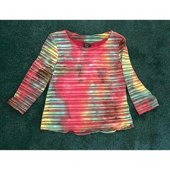 Y2K Top with sheer & opaque multicoloured stripes over light burgundy camisole - Picture 7 of 16